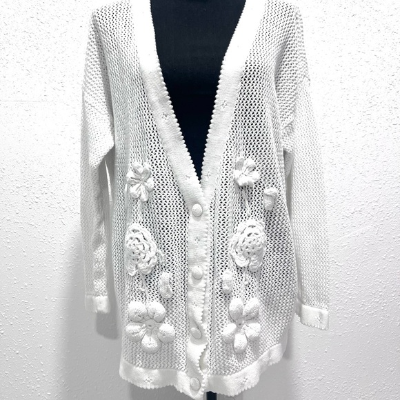 Express Tricot vintage white Floral Cardigan Sweater L - Picture 4 of 11